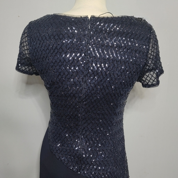 Adrianna Papell | Navy Blue Floor Length Sequin Crepe Dress Mother of Br… - Picture 6 of 13